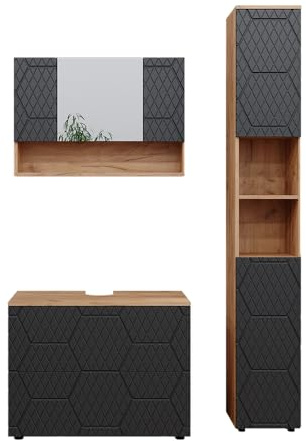 Vicco Badmöbel-Set Irma, Anthrazit mit Wabenstruktur, 80 cm | besteht aus Waschbeckenunterschrank, Spiegelschrank und Hochschrank