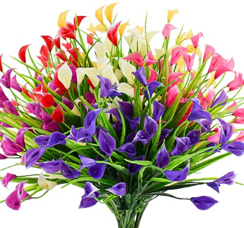 Bacucine 24 paquetes de flores artificiales de lirio de cala artificiales para exteriores, resistentes a los rayos UV, flores de plástico para porche, jardín, ventana, caja, decoración de mesa