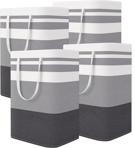LOPYXBR 4 Stück 75L Wäschekorb Groß Wäschesammler Faltbar Wäschekörbe aus Stoff, Laundry Baskets mit Griffen für Schlafzimmer, Badezimmer, Wohnzimmer, 40 x 30 x 60 cm, Grau Gestreift