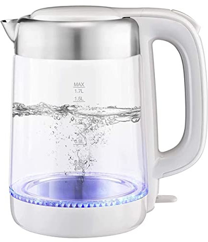 -Kitchen Kettles, Fast Boil Quiet,1.7L Cordless Glass Kettle with Stainless Steel Filter/Inner Lid/Bottom, Auto Shutoff and Boildry Protection, 360° Swivel Base, Bpa Free/White/15 * 15 * 25Cm