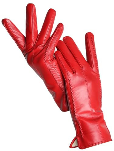 Damen Schaffell Handschuhe Winter Warm Plus Fleece Kurz Dünn Touchscreen Lederhandschuhe, Rot Standard, 6.5