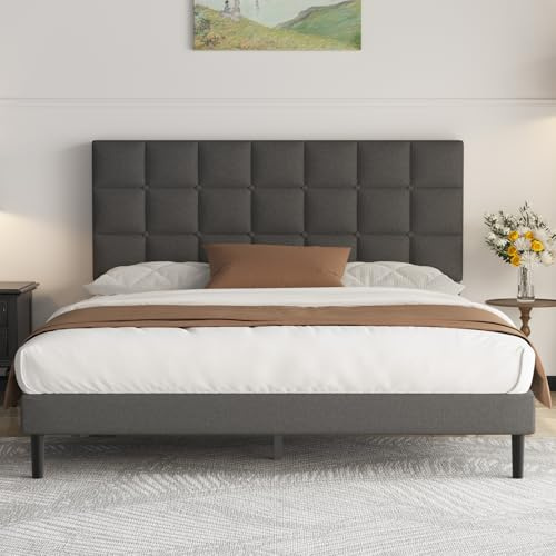 Yocreat Polsterbett 120x200cm Doppelbett, Einfache Montage, Bett 120x200 | Bettrahmen mit Kopfteil und Lattenrost, Höhe 30 cm Bettgestell, Stauraum unter dem Bett, Dunkelgrau