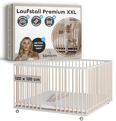 Sämann XXL Baby Laufstall aus Holz I Laufgitter 120x120 cm Weiß/Natur I höhenverstellbar I inkl. Cloud Air Matratze, Lattenrost & Schlupfsprossen I Gummierte Rollen & TÜV geprüft