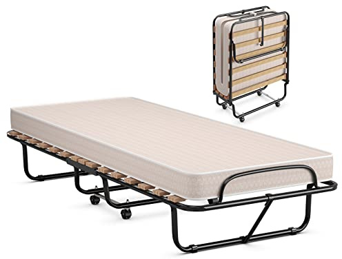 GOPLUS Klappbett 80x190cm, Gästebett mit Memoryschaum-Matratze, Stahlrohrrahmen & Universal-Rad, Platzsparendes Klappbares Design, Reisebett für Haus Büro Krankenhaus (Beige, 80×190 cm)