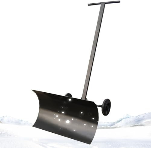 Pelle à neige manuelle avec roues, pelle à neige en métal robuste, poignée réglable, deux pneus antidérapants, facile à démonter et à ranger, pour un déneigement efficace des allées
