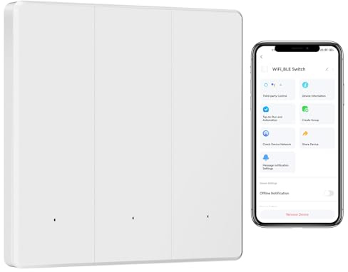 BSEED Interruptor de Luz Inteligente,Interruptor Pared de Luz WiFi de 3 Gang 1 Vía Compatible con Amazon Alexa/Google Home/Tuya/Smart Life,Blanco(Requiere Cable Neutro)