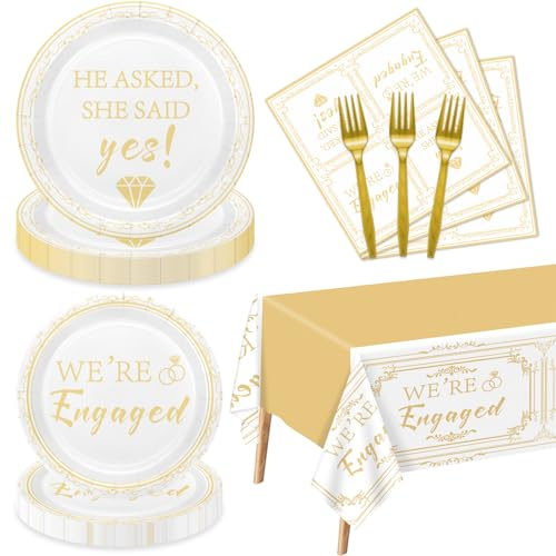 81 Pieces Happy Engagement Party Decorations - Including Engagement Paper Plates, She Said Yes Napkins, and Engaged Tablecloth for Wedding Bridal Shower Party Supplies, Serve 20 Guests