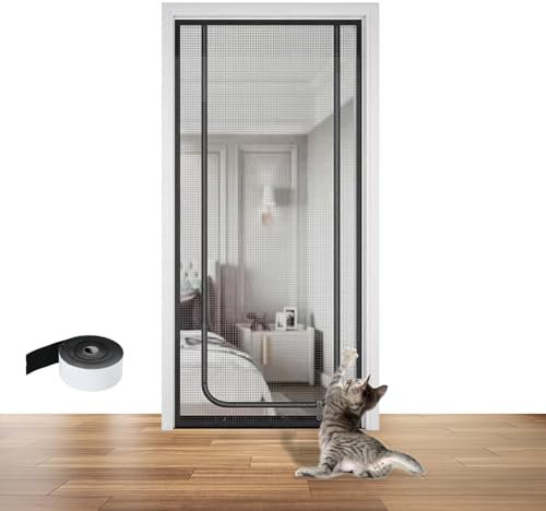 Mosquitera con cremallera para puerta, mosquitera magnética para puerta de balcón, cortina antimoscas, sin agujeros, para balcón, pantalla de mascotas, puerta autoadhesiva (forma de U, 85 x 210 cm