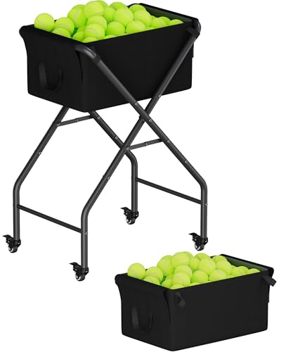 Ardier Tennis Ball Hopper Cart Holds 175 Tennis Balls or 140 Pickleballs, Portable Pickleball Collector Caddy with Wheels, Foldable Baseball Basket Holder for Court Training & Coaching