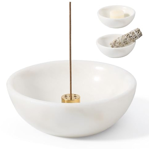 Natürlicher Marmor Räucherstäbchen Halter, Runde Räucherschale für Stäbchen und Rückfluss, 9 Loch Räucherstäbchenhalter mit Abnehmbares Messingset, Incense Holder für Yoga und SPA, Weiß