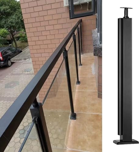 Balustrade de terrasse noire – Poteau carré pour extérieur, terrasse, balcon, escalier, véranda, piscine – Système de balustrade en acier inoxydable et verre