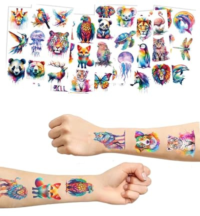 Yotlein 10 Stück Tattoo Kinder, Wasserfarben Tiere Tattoos für Kinder, Klebetattoos Tatt-oos zum Zufkleben Fake Tattoo Aufkleber Körper, Temporäre Tatt-oos für Geschenktüten Kindergeburtstag Mitgebsel