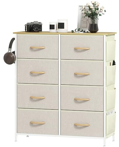 HOMCOM Cajonera de Tela Alta Cómoda con 8 Cajones 4 Bolsillos Laterales 2 Ganchos y Estructura de Acero Cómoda para Dormitorio Sala de Estar Pasillo Beige