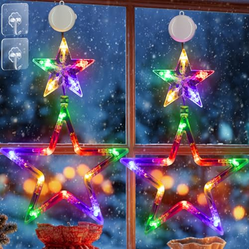 LED Sterne Weihnachtsbeleuchtung, 2 Stück 30 LED Fenster Weihnachtsdeko Innen Batteriebetriebene mit Timer 2 Modi Saugnäpfe Lichtervorhang für Weihnachten Deko Balkon Party Hochzeit RGB