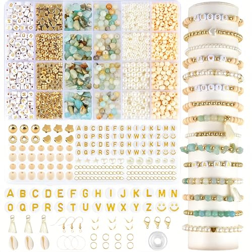 Acidea Natürliche Amazonit Perlen für Armbänder, Edelstein Perlens Kit für Armbänder Selber Machen, Naturstein Perlenset mit Holzperlen Buchstabenperlen, Boho Perlen Set für DIY Schmuckherstellung