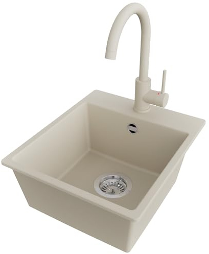 PRIMAGRAN Evier Cuisine en Granit au Meuble 40cm + Robinet, 38x44cm | Set: Robinet BW5010 + Kit de Vidage (Siphon, bonde d’évacuation, trop-plein) + Lavabo 1 Bac - Riga, Beige