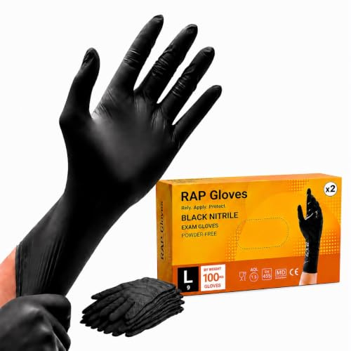 Black Nitrile Disposable Gloves Large Pack of 200 for Salon Tattoo Grooming | Textured fingertips give secure grip, latex free, powder free, ambidextrous, single use hand cover for daily work