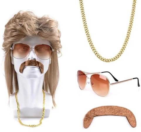 Vokuhila Perücke Perücke Vokuhila 80er Jahre Outfit Herren, Fasching Kostüme Männer Party Beweig 80er Jahre Accessoires, 1 Set Goldene Perücke Mit Verstellbarer Kappe Und Zubehör