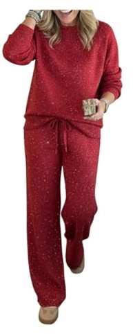 Completo 2 pezzi da donna con maglione e pantaloni glitterati, completo due pezzi scintillante da donna (Red,L)