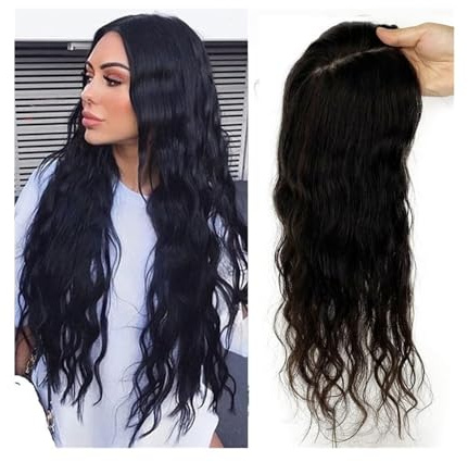 Haar Topper Gewelltes, lockiges Echthaar-Toupet for Frauen mit dünner werdendem Haar, 12 x 13 cm, Haarteile Schweizer Spitze als Basis, 4 Clips in natürlich gewelltem, europäischem Komfort(14inches)