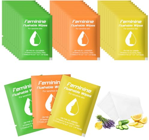 30 Feminine Wipes Flushable Travel Individually Wrapped | Travel Wipes for Women,Feminine Care Wet Wipes Travel Size Vaginal Wipes for Adult,Girl and Homeless(Lemon,Cucumber,Lavender)