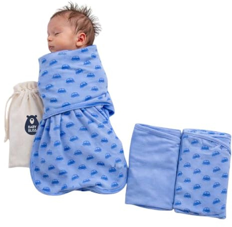 BabyBliss BlissSnug Baby Pucksäck set om 2 – ekologisk bomull – skötfilt med dragkedja för nyfödda 0–3 månader – GOTS (blå bilar & blå)