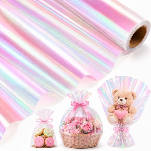 Papel Celofan Transparente, 86 CM x 15 M Papel de Regalo Transparente, Papel Transparente, Rollo de envoltura de Celofán, Rollo de Celofán Grande para Cestas, Acetato para Envolver Regalos, Flores