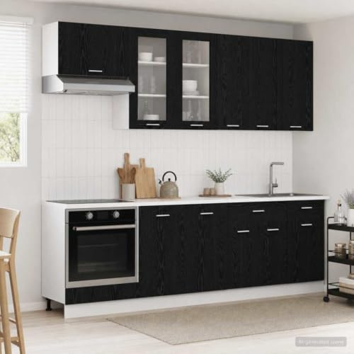 Ezbryzmatic Lyon Kitchen Unit 8 Pieces Black Oak Chipboard Including Adjustable Feet, Wall Mounting and Modular Cabinets for Worktop, Storage and Modern Kitchens