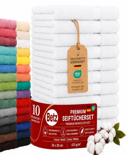 Betz Premium Seiftücher Set 10-teilig – 10× Seiftuch 30×30 cm, 100% Baumwolle 470 g/m², weich & saugstark, Oeko-TEX® Farbe weiß
