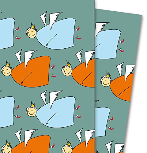 Weihnachts Geschenkpapier mit fröhlichem Engel Muster grün grau (4 Bögen, 32 x 48 cm) Dekorpapier, Papier zum Einpacken, für tolle Geschenk Verpackung und Überraschungen