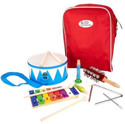 Musikset für Kinder aus Holz im Rucksack: Trommel, Xylophon, Triangel, Rassel, Pfeifen für Mädchen und Jungen - 3878 (Rot)