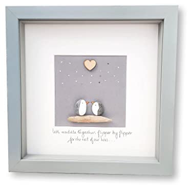 Personalised Pebble Art Framed Picture Penguins Gift for Husband Wife Girlfriend Boyfriend Fiance 23 x 23 cm Available in White Black Oak Effect or Grey