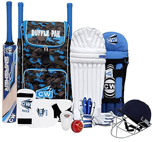 CW Turnier-Cricket-Trainingsset für rechte und linke Hand, komplettes Cricket-Kit für Mädchen & Jungen, Cricket-Kit mit allen Dingen im Rucksack, Tasche, ohne Räder (4 für Alter 8-9 Jahre, rechte