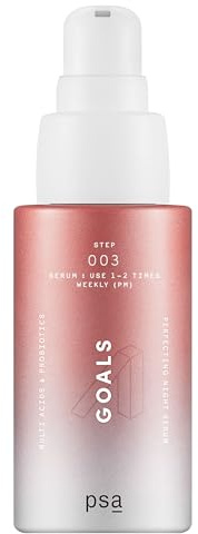 PSA GOALS Multi Acids & Probiotics Perfecting Night Serum: Exfoliating Night Serum with Glycolic, Lactic, Pyruvic, BHA & PHA, Niacinamide, Probiotics. 30 ml/1 oz