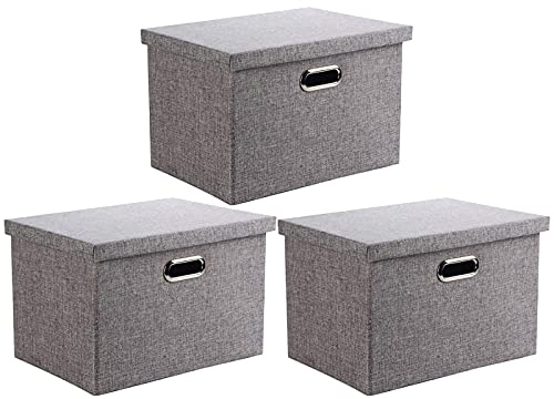 Wintao Storage Boxes with Lids, Storage Baskets for Shelves Toy Box Collapsible Fabric Bins Grey Medium Large 39 x 27 x 25 cm 3 Pack
