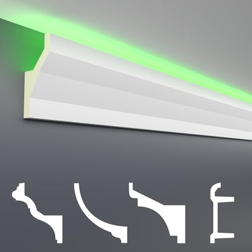 HEXIM LED Stuckleisten Sparpakete - Indirekte Beleuchtung mit Deckenleisten aus PU, leicht & lichtundurchlässig- (10m LED-8) Lichtvouten Fassaden Weiß