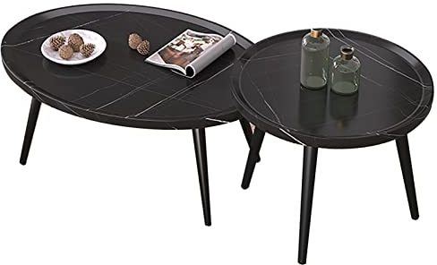 JKGHK Verschachtelungs-Couchtisch Oval,kreative Sofa-Beistelltische Aus Holz,Couchtische/Nachttisch,2er-Set,Schwarze Metallbeine Mit Verstellbarem Fußpolster,für Wohnzimmer,Schlafzimmer,Balkon