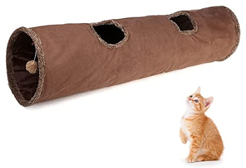 Beruyu Faltbar Katzentunnel Katzenspielzeug, Große Katze Spieltunnel | Rascheltunnel mit Ball und Guckloch für Katzen Kaninchen und Welpen, L130 × B30 cm, Braun