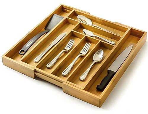 THINFAR Artisware Organizador de bambú de cajón extensible, cubiertos y bandeja de utensilios, 43-50 x 45 x 5 cm, inserto de cajón con 8 compartimentos, color madera (A)