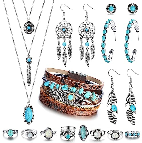 JeweBella Bohemian Türkis Schmuck für Damen Böhmisches Türkis Anhänger Choker Halskette Türkis Feder Dangle Ohrringe Boho Leder Perlen Armband Türkis Stapelbare Knuckle Ringe Western Schmuck Set