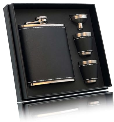 RUIXUE Fiaschetta Tascabile per Alcool, 7 Once/200 ml, in Acciaio Inox Nero, con 2 Tazze e 1 Imbuto, per Liquori e Whisky, Escursione, Viaggio
