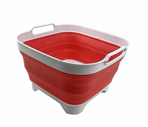 SAMMART 10L (2.6 gallons) Collapsible Plastic Dishpan with Draining Plug - Foldable Washing Tub - Portable Dish Washing Basin - Pop Up Saving Kitchen Storage (White/Coral Pink)