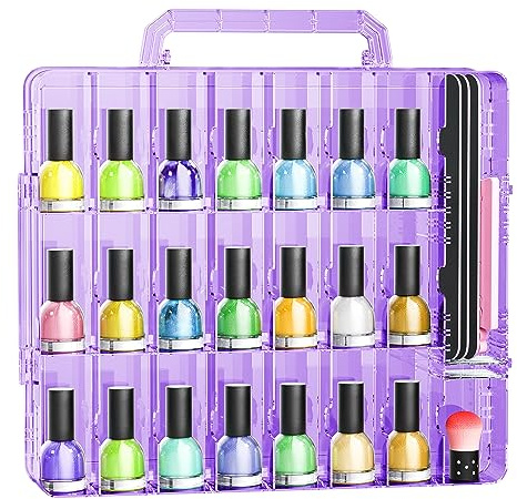 JIASHENG Nail Polish Organizer Case Holders, 48 Bottles Universal Nail Storage Box for Double Side Adjustable Space Divider for Acrylic Nail Gel Dip Powder Tips Set with Toe Separator, Purple