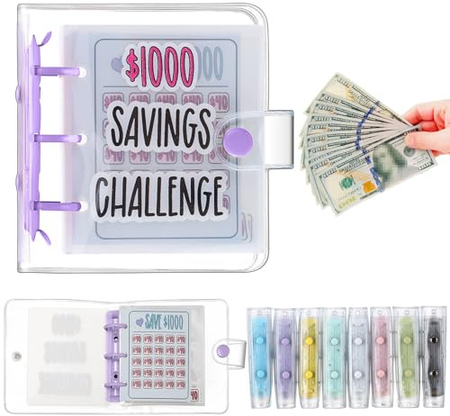 Jetec 1 Pcs 1000 Mini Money Saving Binder Money Saving Challenge Book with Envelopes for Budgeting Cash Planner Back to School Class Prize Exchange Gift (Purple)