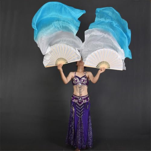 Adhdyuud Frauen Bauchtanz Fan Schleier Handgemacht Weiß Marineblau Farbverlauf Seide Schleier Paare 180X90cm Mädchen Bühne Show Requisiten Weiß Blau 120cmX90cm