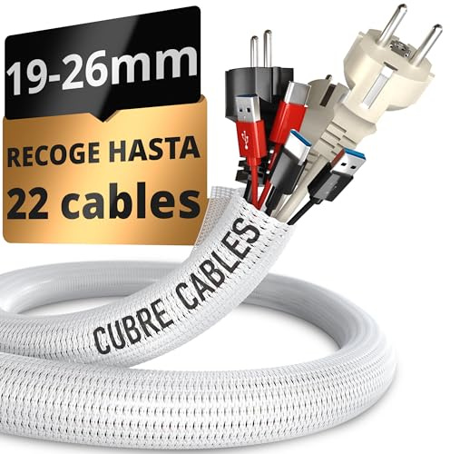 Cubre Cables 3m Gran Capacidad 19-26 mm-Autocierre Antimascotas-Flexible Cortable-Oculta Organiza Cables-Instalación Fácil-Recoge Cables Escritorio TV Oficina Gaming-Pared Orden PC Hogar Salón-Blanco