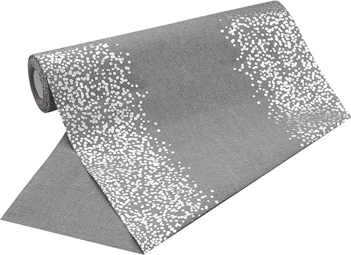 100%Mosel Tischläufer Leinenoptik Grau, Punkte in Silber, (28 cm x 5 m), Tischband, edle Tischdeko für Weihnachten & Adventszeit, Festliche Dekoration zu besonderen Anlässen
