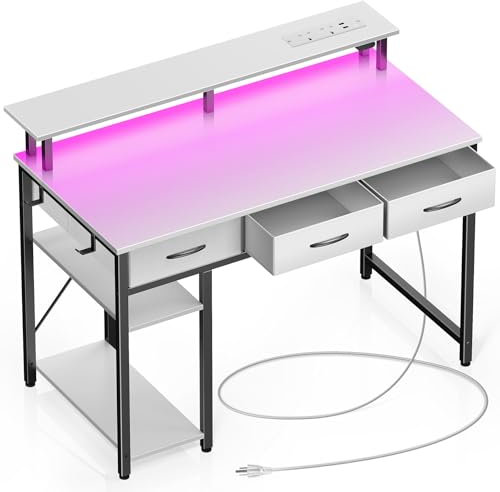 Rolanstar Schreibtisch mit Schubladen, Computertisch mit Steckdosen & LED, Gaming Tisch mit Monitorständer, Regal & 2 Haken, Gaming Schreibtisch für Büro, Wohnzimmer(Weiß, 100x47x90,5cm)