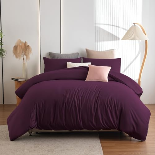 Soifox Double Duvet Cover Set - Purple Bedding Set Double Bed with Zipper Closure, Soft Microfiber Quilt Cover with 2 Pillowcases