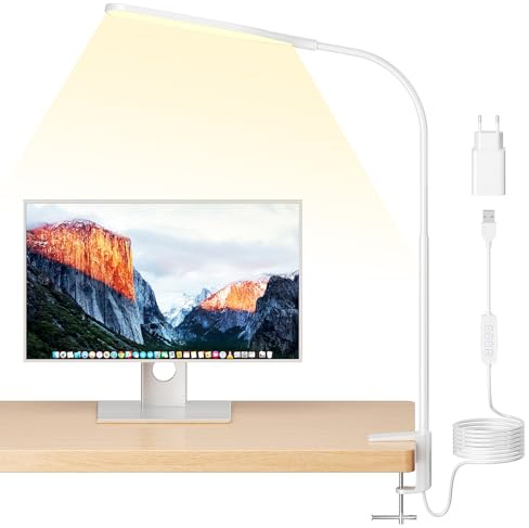 anyts Schreibtischlampe LED, Schreibtischlampe Klemmbar Mit 3 Farben, 10 Helligkeiten Leselampe, Augenschonende Klemmleuchte (Weiß)
